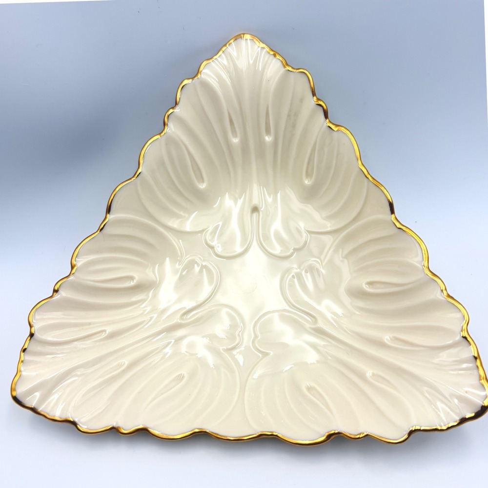 Lenox Triad Collection 24K Gold Trim Ivory Embossed Triangular Dish Catchall USA